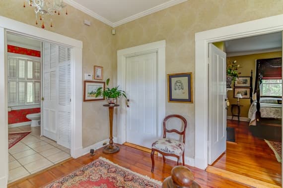 A cozy hallway with two doorways leading to different rooms, featuring a decorative chair and plants.